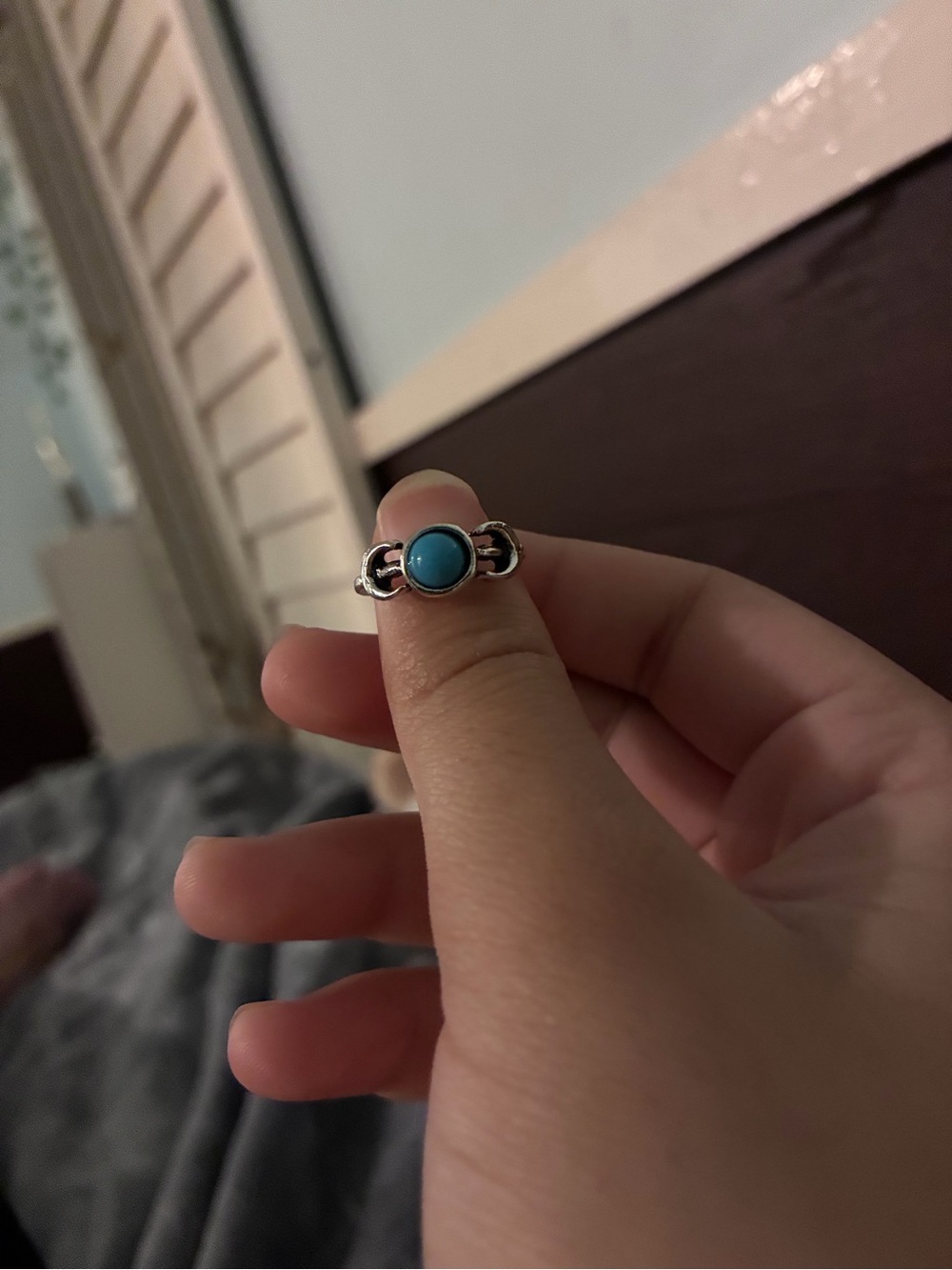 Boho Silver Tone Triple Moon Fashion Ring with Faux Turquoise Stone -